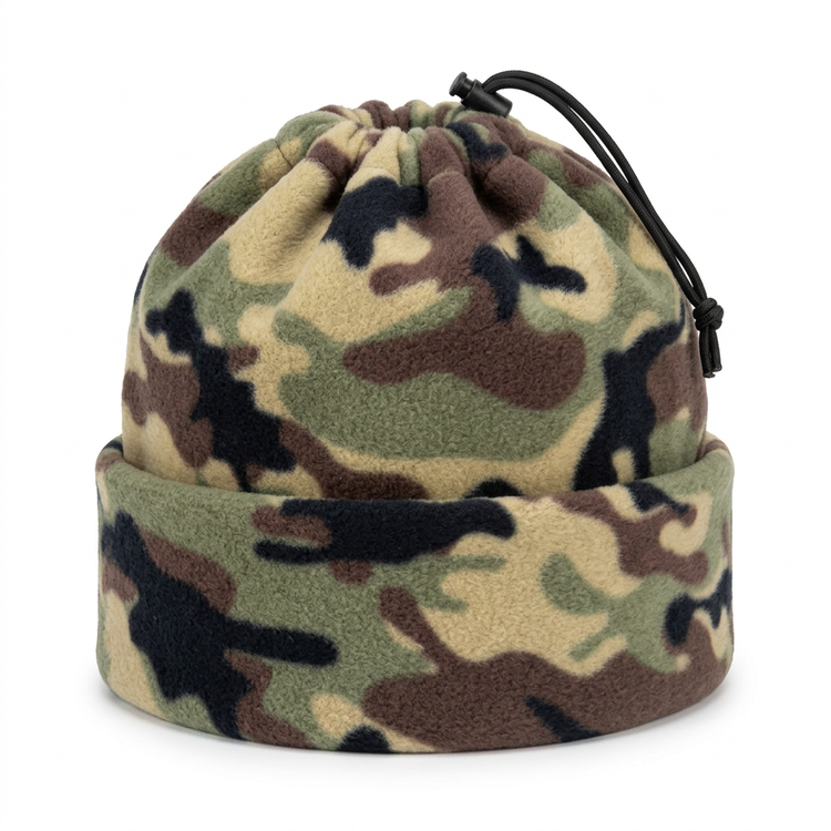 Kids camo fleece combo cinched as a hat on a white background