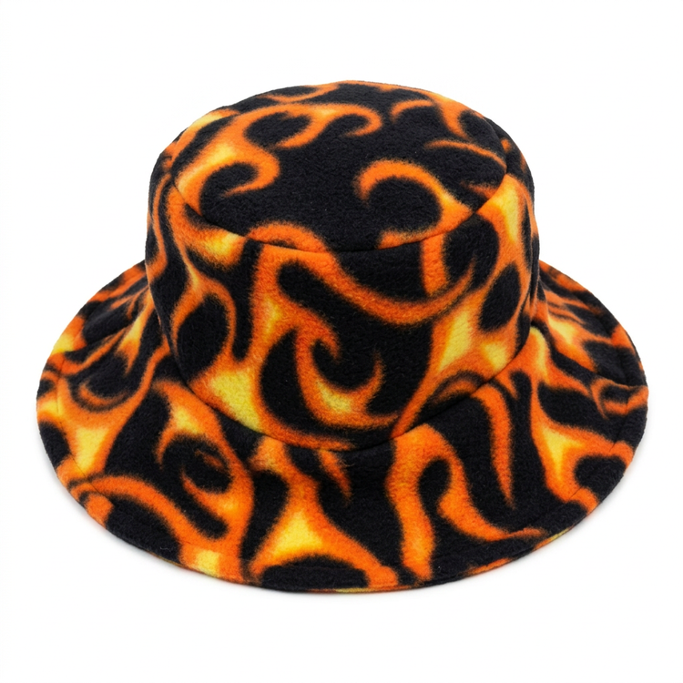 Elevated three-quarter view of flame fleece bucket hat on white background