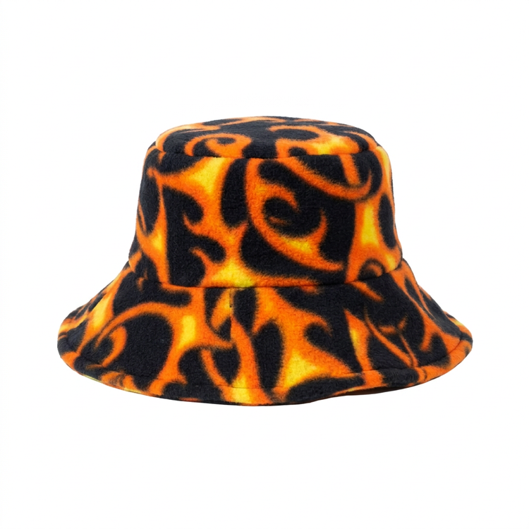 Black fleece bucket hat with orange and yellow flames on a plain white background