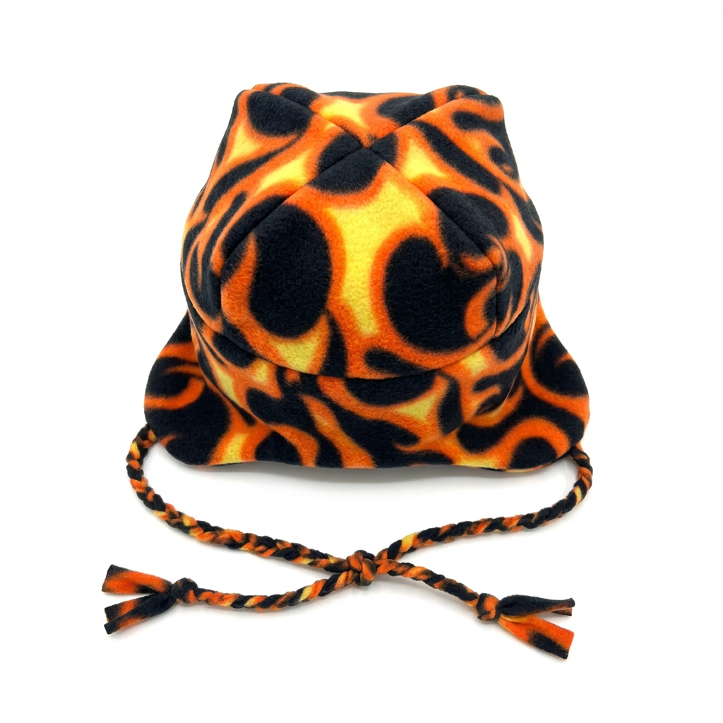 Elevated view of flame fleece earflap hat showing four-point crown on white background